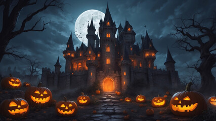 A looming castle glows under the moonlight, surrounded by illuminated jack-o'-lanterns for Halloween.