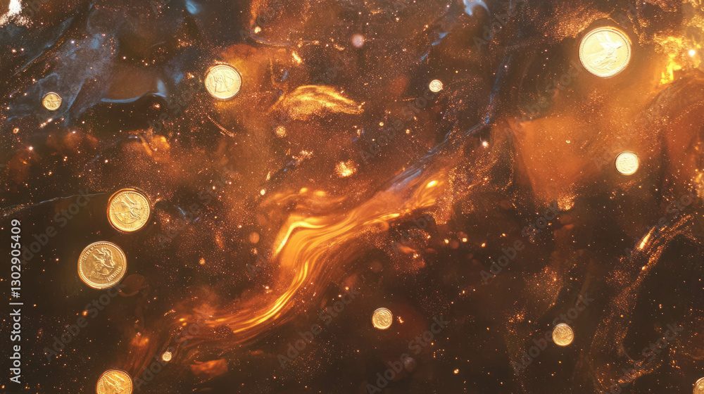 Aufkleber cosmic swirl of shimmering bronze oil with floating coins for abstract art and design