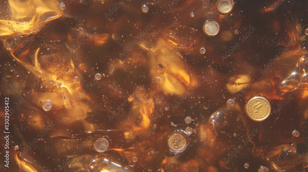 Poster Shimmering bronze oil texture with embedded coins - captivating close-up for design and art