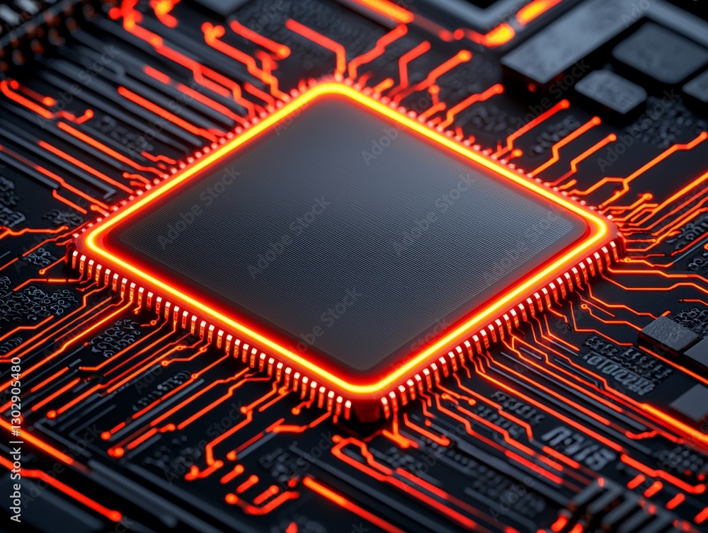 Poster high-tech glowing orange cpu circuit board digital space technology image futuristic environment clo