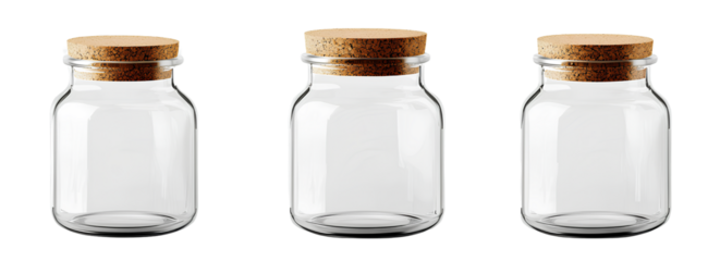  Set of glass jars with wooden corks isolated on a transparent background, cutout, PNG file, white background, PNG element