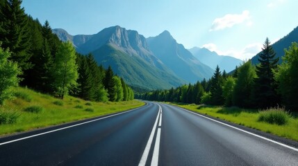 Naklejka premium Asphalt Road Winding Through a Picturesque Mountain Valley with Lush Greenery on a Sunny Day
