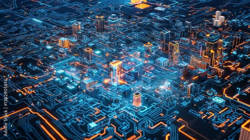 Poster digital cityscape: a mesmerizing digital rendering of a modern city, its intricate network of circui