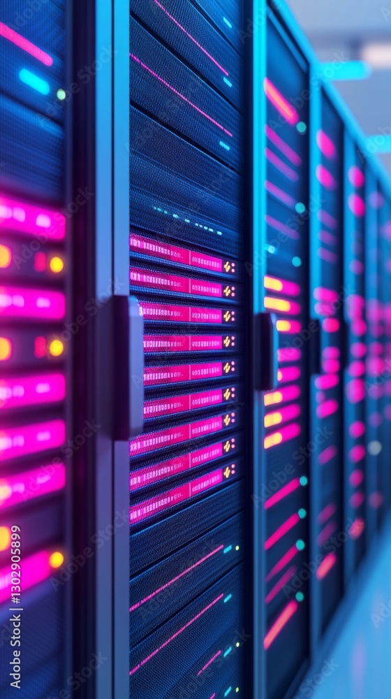 Poster high-tech data center server operations modern facility technology scene digital environment close-u