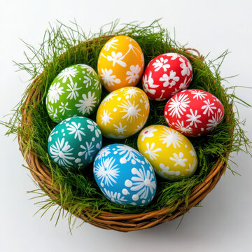 recommend clip art: colored easter eggs concept, eggs painted with white wax line art drawing floral ornaments, eggs in natural basket