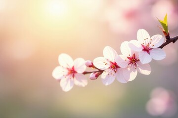 Fototapeta premium Delicate Spring Blossoms Illuminated by Golden Sunlight on a Tranquil Branch