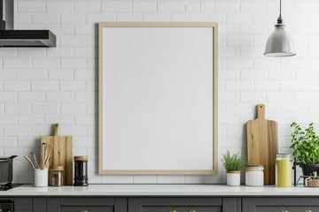Mockup de moldura vertical em cozinha moderna com utensílios, plantas e decoração minimalista, criado com IA generativa para visualização de arte e design