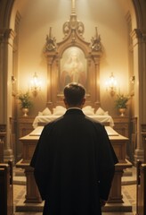 Naklejka premium Sacerdote con vestimentas negras parado ante un ataúd de madera en una iglesia con poca luz, visto desde atrás 