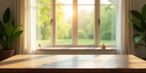 Sunlight Illuminates a Wooden Table Beside a Window with Lush Greenery Outside