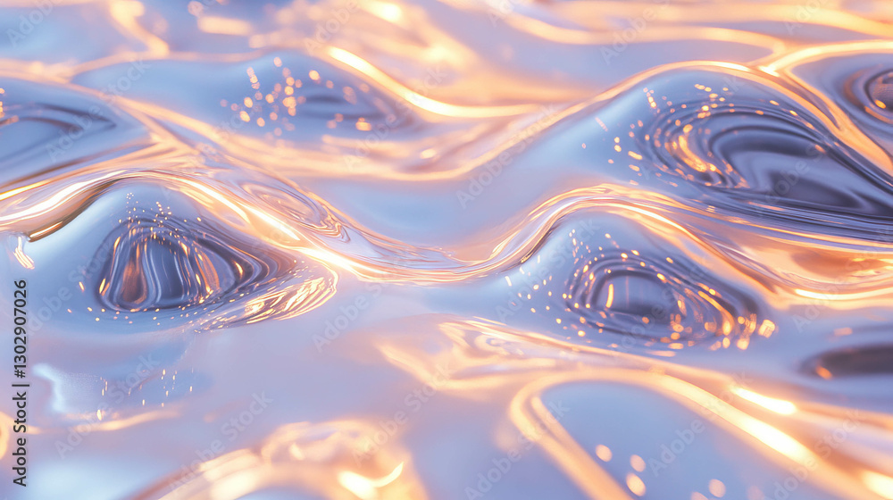 Poster abstract glowing liquid metal texture with reflective surfaces and light patterns
