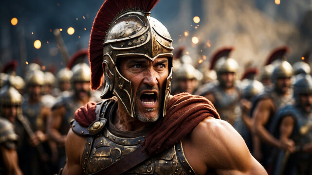 A roman legionary leads his troops into battle, his helmet gleaming under the sun, yelling commands.