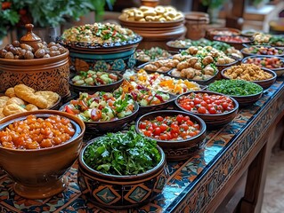 Fototapeta premium Vibrant Spread of Traditional Dishes on Elaborately Decorated Table for Celebratory Feast Gathering