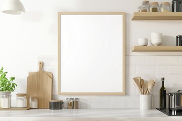 Mockup de moldura vertical em cozinha moderna com utensílios, plantas e decoração minimalista, criado com IA generativa para visualização de arte e design