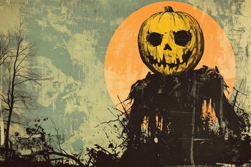 Spooky scarecrow with a pumpkin head against moon.