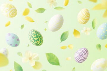 Easter poster, banner template, greeting and gift, promotion and shopping template. Easter eggs decorated with yellow stripes, green floral patterns and purple spirals on a mint green background, dott