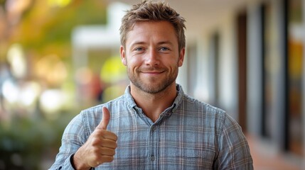 confident individual in a casual business shirt expressing positivity by giving a thumbs up gesture radiating friendliness and optimism in a bright setting