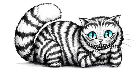Cheshire Cat Illustration with Stripes and Blue Eyes