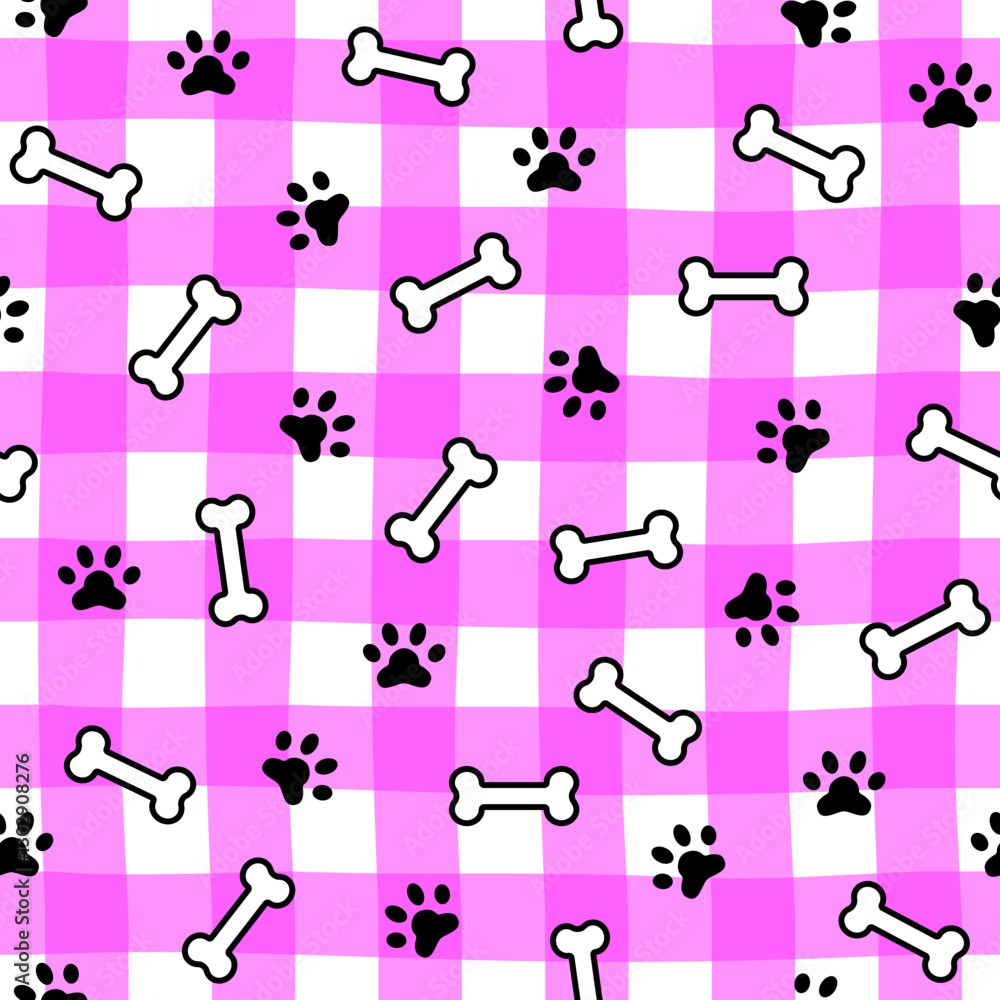 Poster cute seamless pattern with dog paw prints and bones. fabric print template. simple doodle vector bac