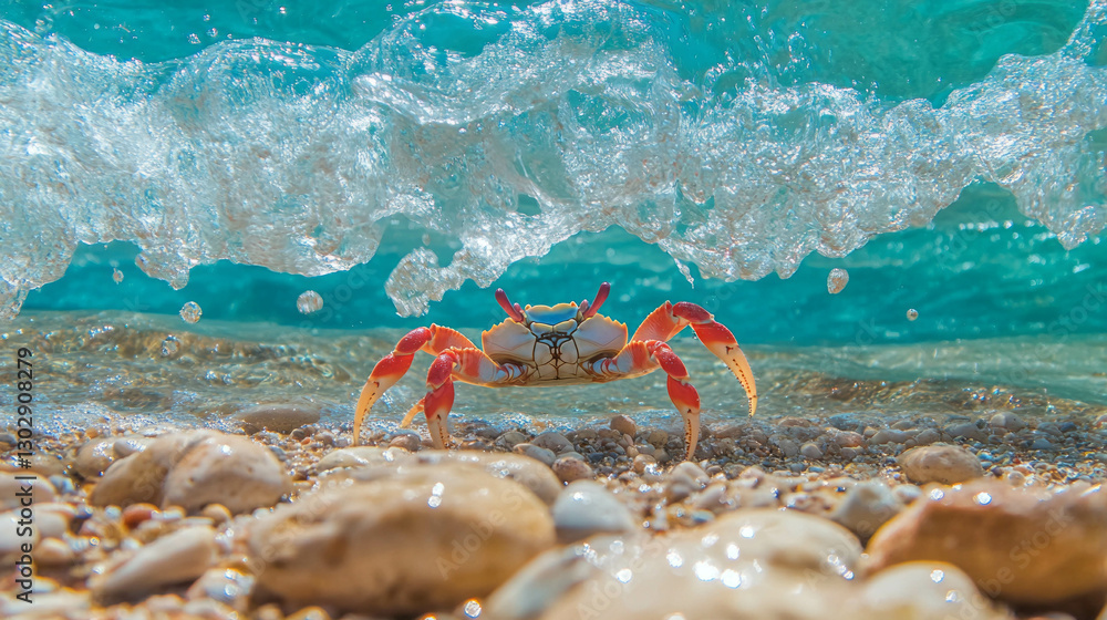 Poster crab on a rocky shore with waves crashing in the background