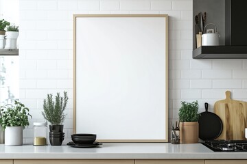 Mockup de moldura vertical em cozinha moderna com utensílios, plantas e decoração minimalista, criado com IA generativa para visualização de arte e design