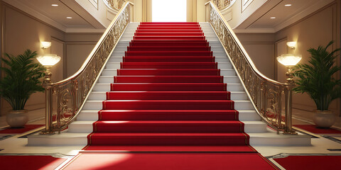 Obraz premium Elegant Red Carpet Draped Over Stairs Symbolizing the Path to Success