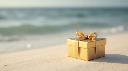 A Golden Gift Box on a Sandy Beach, with the Ocean in the Background, Representing a Surprise or a Treasure Found