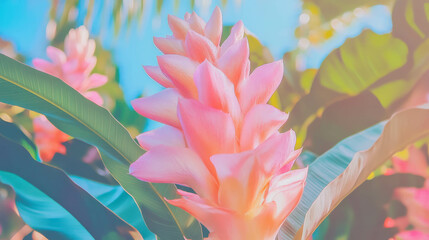 Fototapeta premium Close-up of vibrant tropical flower in sunlit garden setting