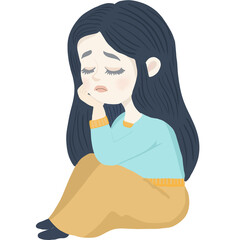 A simple  illustration of a young woman sitting alone, feeling sad or introspective.The image is on a white background, emphasizing her emotional state.