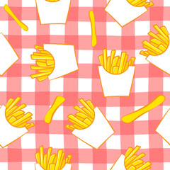 French fries fast food vector seamless pattern template. Unhealthy junk food wallpaper. Cartoon colorful flat illustration isolated on white background.