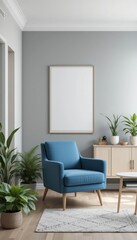Modern Interior with Blue Armchair and Blank Frame for Home Decor Mockup