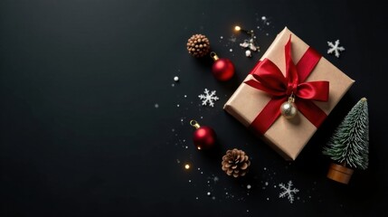 Obraz premium A Festive Gift Presentation with a Red Ribbon, Ornaments, and Miniature Tree on a Dark Background