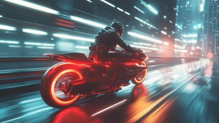 Obraz premium Futuristic Night Rider: Cyberpunk Motorcycle Speeding Through Neon City