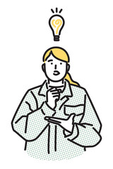 シンプル　イラスト　よいアイディアを思いついた作業着の女性