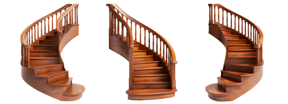 3 different wooden staircases, isolated on a transparent background, PNG file