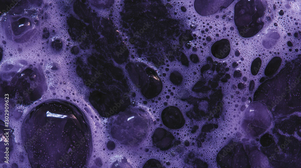 Poster Close-up textured surface of grape soda with bubbles and abstract patterns