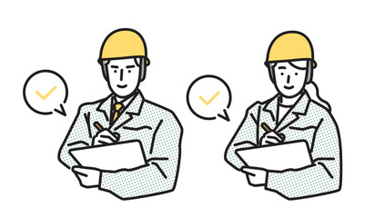 シンプル　イラスト　チェックシートに記入する作業服の男女