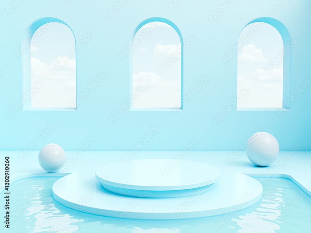 Poster circular platform in a blue pool with spheres and arched windows displaying a minimalist aesthetic