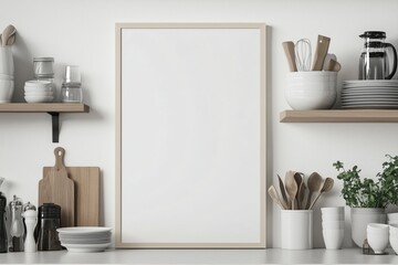 Mockup de moldura vertical em cozinha moderna com utensílios, plantas e decoração minimalista, criado com IA generativa para visualização de arte e design