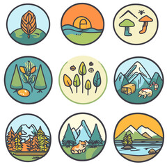 Nature and adventure circular icon collection vector cartoon illustration