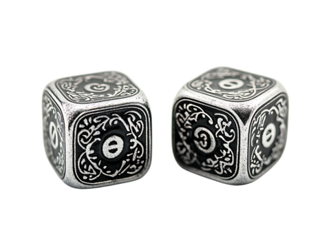Two metallic dice with intricate designs.