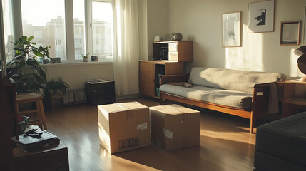 Moving boxes in a new apartment. Concept of moving to a new house