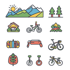 Obraz premium Mountain Adventure Outline Icons Featuring Biking, Hiking, and Camping