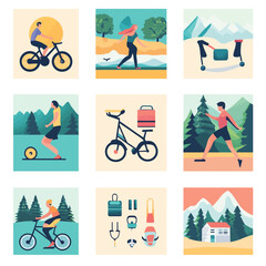 Fototapeta premium Diverse active lifestyle icons set for health fitness and outdoor activity