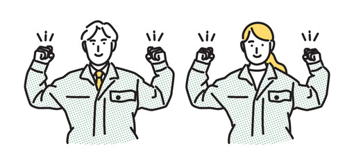 シンプル　イラスト　やる気に満ち溢れる作業服の男女