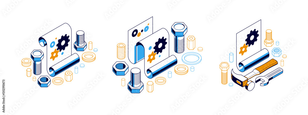 Poster mechanical engineering project in embodiment implementation concept set, engine draft plan drawing a