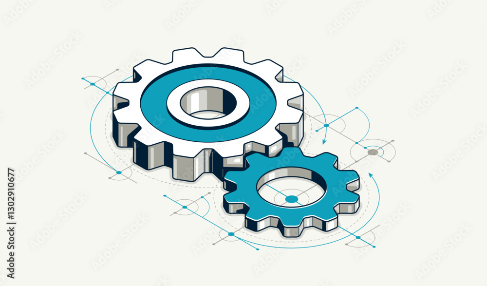 Poster engineer education concept, gears and cogs composition isometric 3d vector illustration, study scien