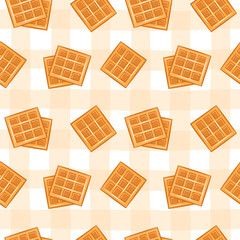 Waffle seamless pattern. Vector sweets illustration. Bakery wallpaper design element. Menu graphic sugar food. Cartoon, flat doodle drawing outline sketch style. Fabric print template.