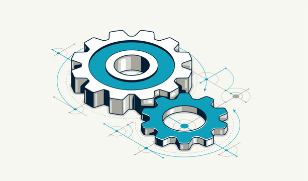 Engineer education concept, gears and cogs composition isometric 3D vector illustration, study science in university, engineering learning.