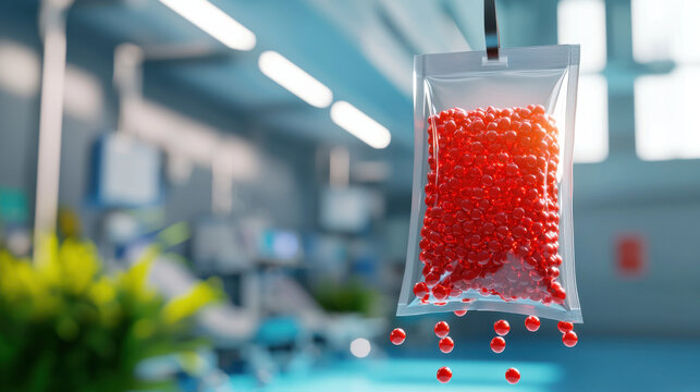 3D illustration of cartoon blood donation bag filled with red liquid, suspended in medical environment. vibrant colors and details evoke sense of health and care