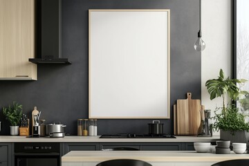 Mockup de moldura vertical em cozinha moderna com utensílios, plantas e decoração minimalista, criado com IA generativa para visualização de arte e design